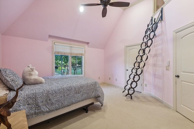 bedroom featuring ceiling fan, light colored carpet, and high vaulted ceiling