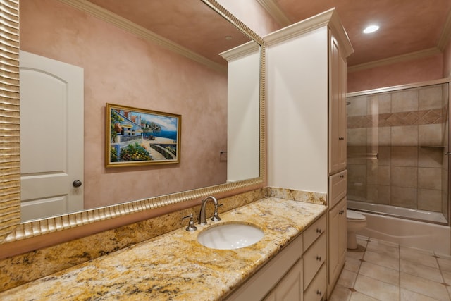 full bathroom with enclosed tub / shower combo, tile patterned floors, crown molding, and toilet