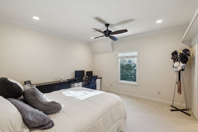 bedroom featuring ceiling fan, light colored carpet, and ornamental molding