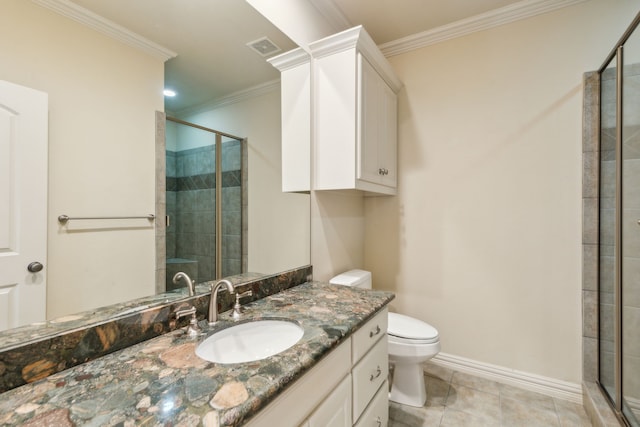 bathroom with toilet, ornamental molding, tile patterned flooring, and walk in shower