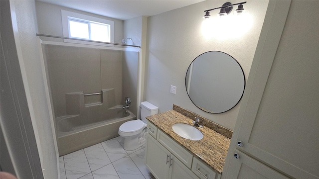 full bathroom with washtub / shower combination, toilet, and vanity