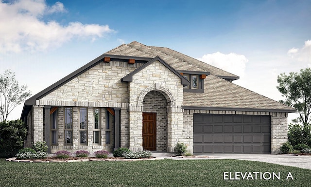 french country home with a front lawn and a garage