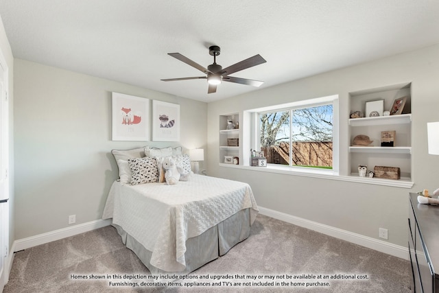 bedroom with ceiling fan and light colored carpet