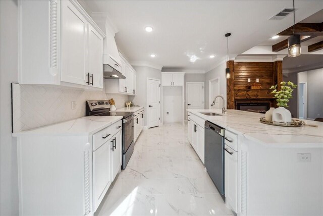 kitchen featuring black dishwasher, white cabinetry, sink, decorative light fixtures, and stainless steel range with electric cooktop