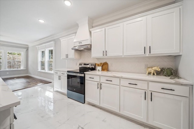 kitchen with ornamental molding, stainless steel electric stove, white cabinetry, and tasteful backsplash