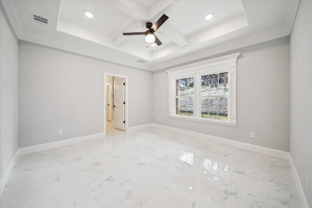 empty room with coffered ceiling, beam ceiling, ceiling fan, and ornamental molding