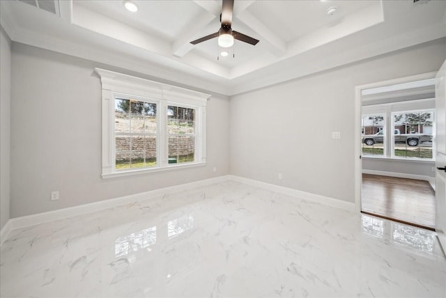 unfurnished room with coffered ceiling, ceiling fan, and beam ceiling