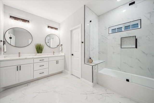 bathroom with shower with separate bathtub and vanity