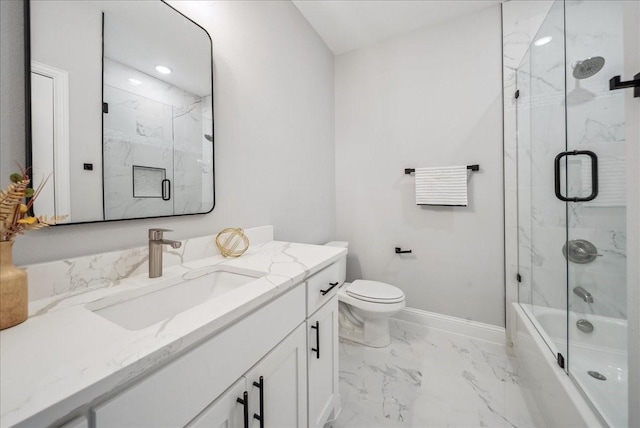 full bathroom featuring enclosed tub / shower combo, toilet, and vanity