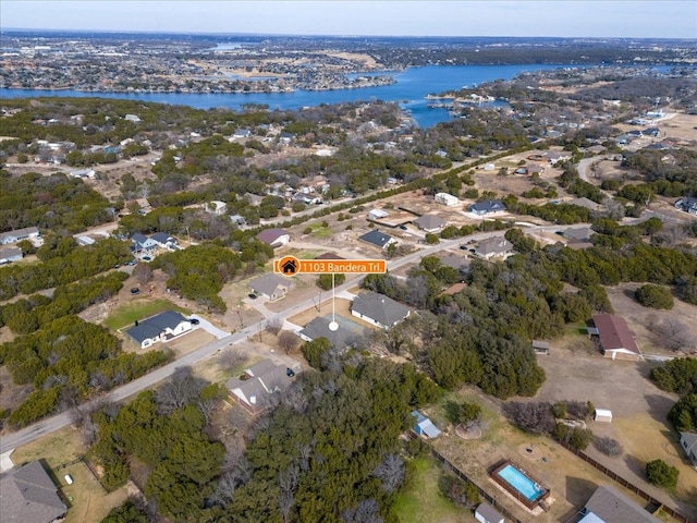 drone / aerial view featuring a water view