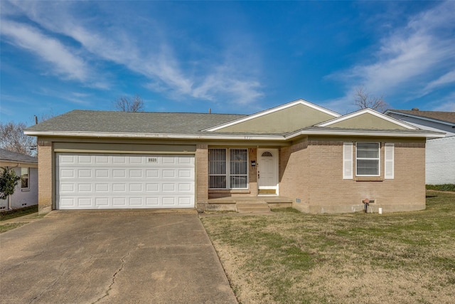 single story home with a garage and a front yard