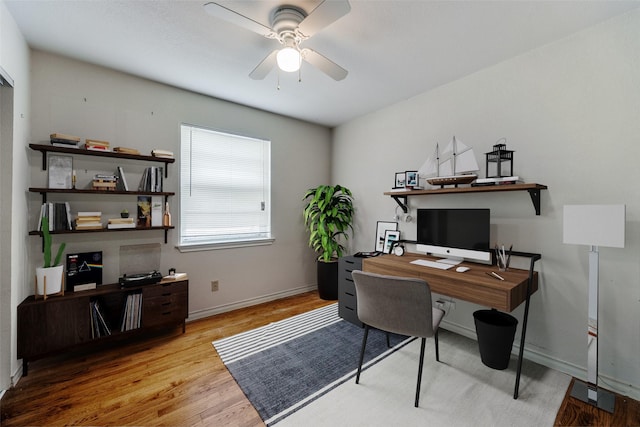 office area featuring light hardwood / wood-style floors and ceiling fan