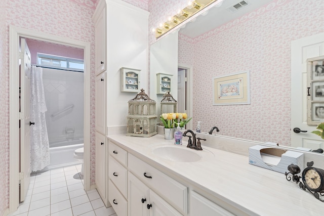 full bathroom with tile patterned floors, vanity, toilet, and shower / tub combo with curtain