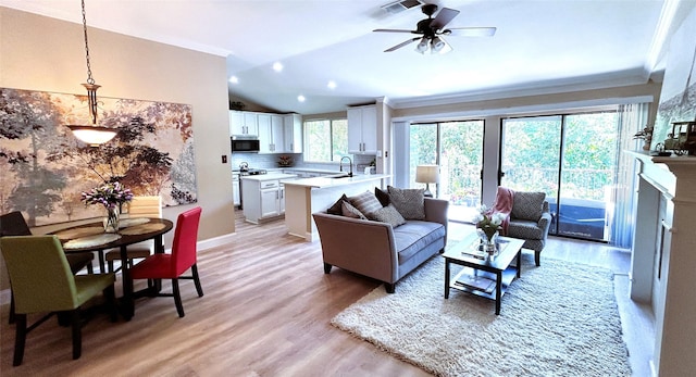 living room with light hardwood / wood-style floors, sink, and crown molding