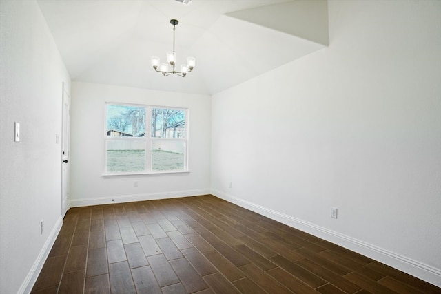 unfurnished dining area with vaulted ceiling and an inviting chandelier