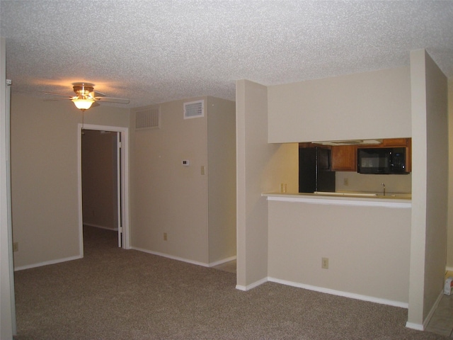 spare room with a textured ceiling, ceiling fan, carpet floors, and sink