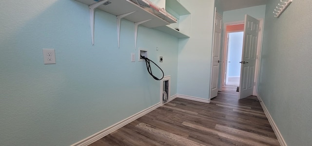 clothes washing area with electric dryer hookup, washer hookup, and dark hardwood / wood-style flooring