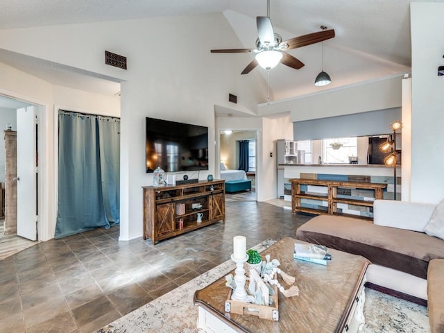 living room featuring high vaulted ceiling and ceiling fan