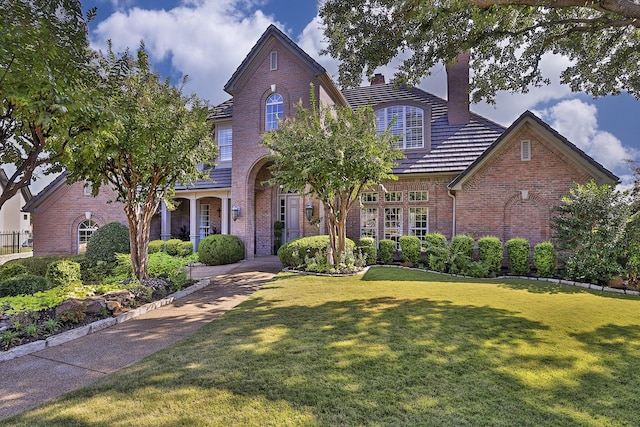6601 Oak Hill Ct, Fort Worth, TX 76132 - traditional-style house with brick siding, a chimney, and a front yard