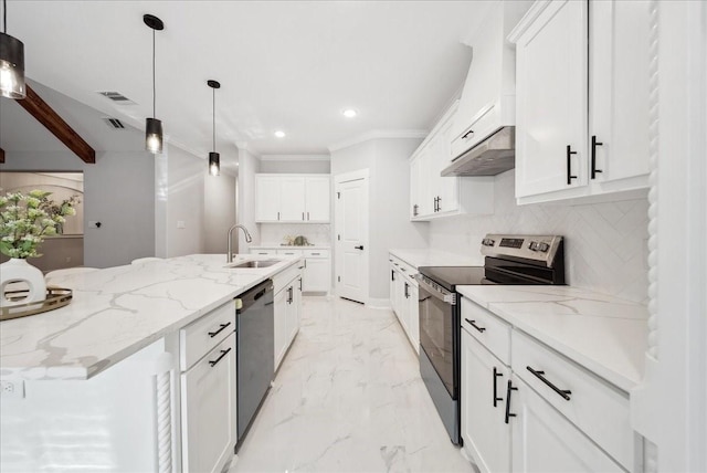 kitchen featuring light stone counters, sink, white cabinets, and stainless steel appliances