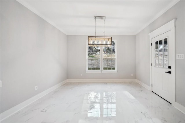 unfurnished dining area with a chandelier and crown molding