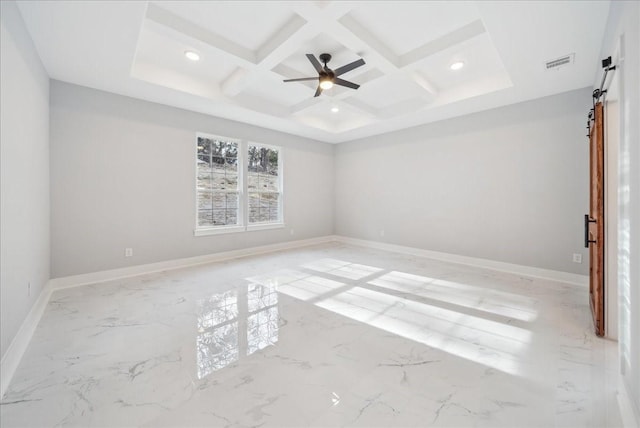 spare room with beam ceiling, ceiling fan, and coffered ceiling