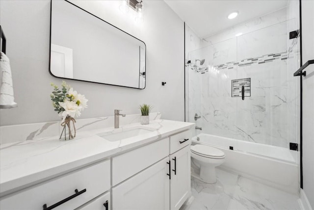 full bathroom with toilet, bath / shower combo with glass door, and vanity