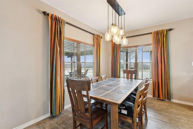 dining space with dark wood-type flooring