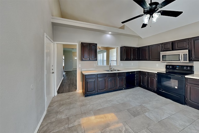 kitchen with sink, high vaulted ceiling, ceiling fan, electric range, and dark brown cabinets