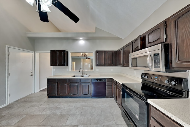 kitchen featuring ceiling fan, vaulted ceiling, black appliances, dark brown cabinetry, and sink