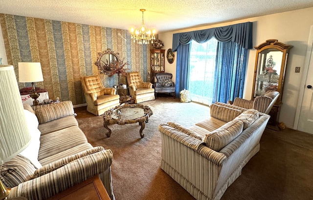 living room with a textured ceiling, dark colored carpet, and a chandelier