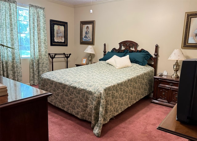 carpeted bedroom featuring ornamental molding