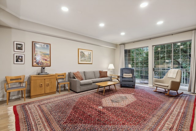 living room featuring crown molding and hardwood / wood-style floors