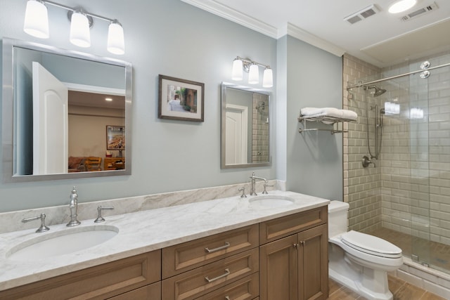 bathroom featuring wood-type flooring, vanity, toilet, walk in shower, and crown molding