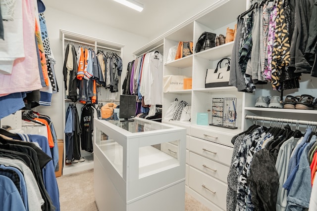 spacious closet featuring light colored carpet