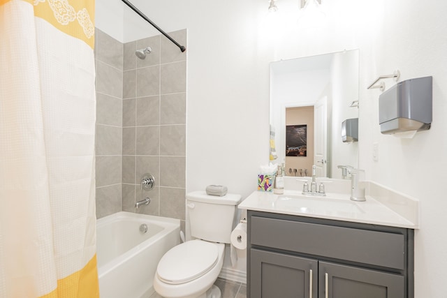 full bathroom featuring vanity, shower / bath combination with curtain, and toilet