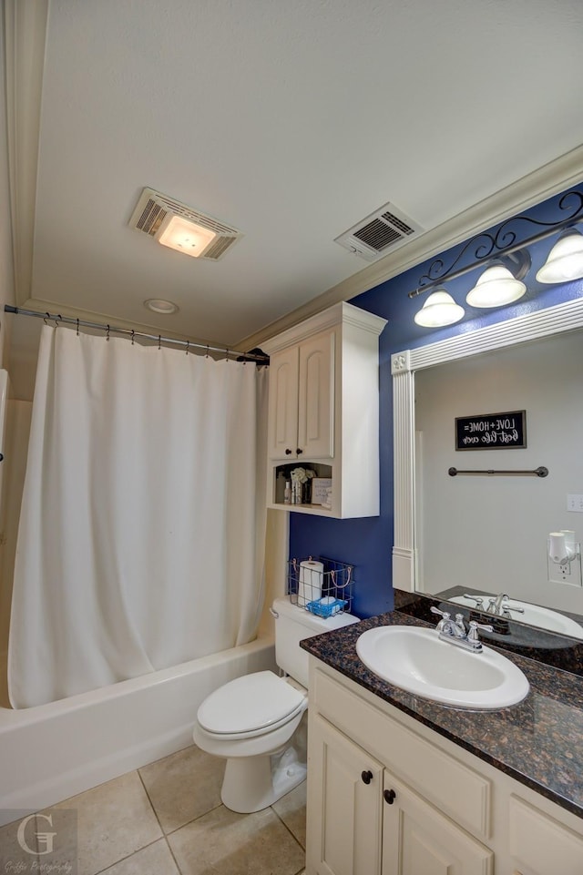 full bathroom with toilet, tile patterned flooring, shower / bathtub combination with curtain, and vanity