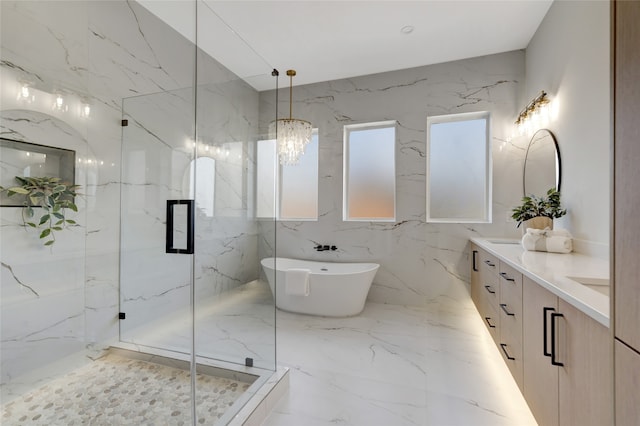 bathroom featuring vanity and plus walk in shower