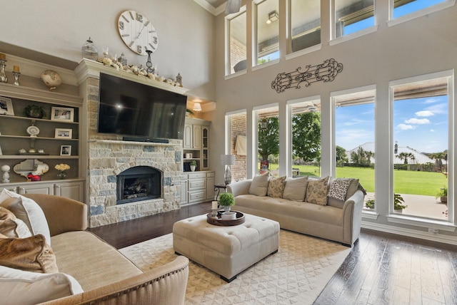 1901 Yucatan Dr, Granbury, TX 76048 - living area with ornamental molding, light wood-style floors, a fireplace, and a towering ceiling