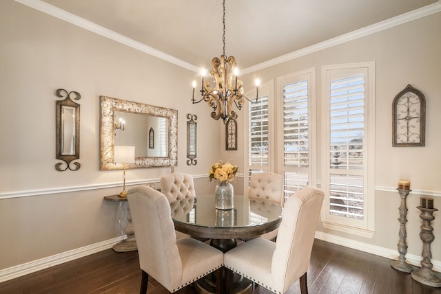 1901 Yucatan Dr, Granbury, TX 76048 - dining space with a chandelier, baseboards, dark wood-style floors, crown molding, and plenty of natural light