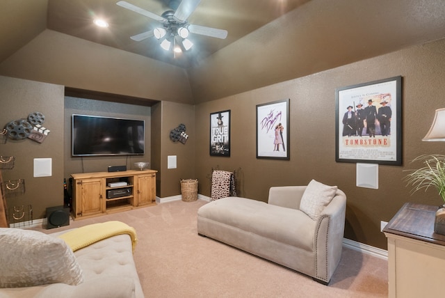1901 Yucatan Dr, Granbury, TX 76048 - cinema featuring light carpet, ceiling fan, vaulted ceiling, and baseboards