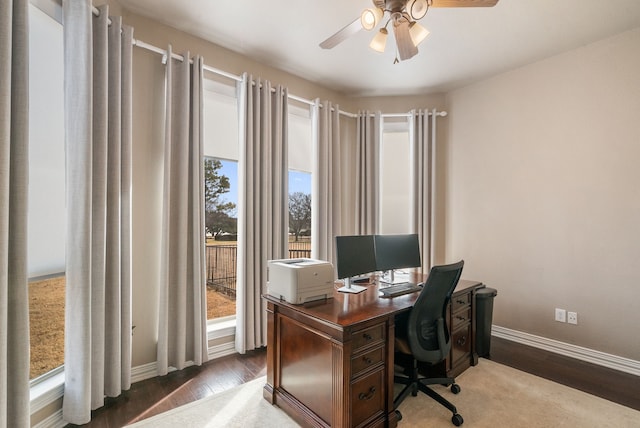 1901 Yucatan Dr, Granbury, TX 76048 - office with healthy amount of natural light, ceiling fan, baseboards, and wood finished floors