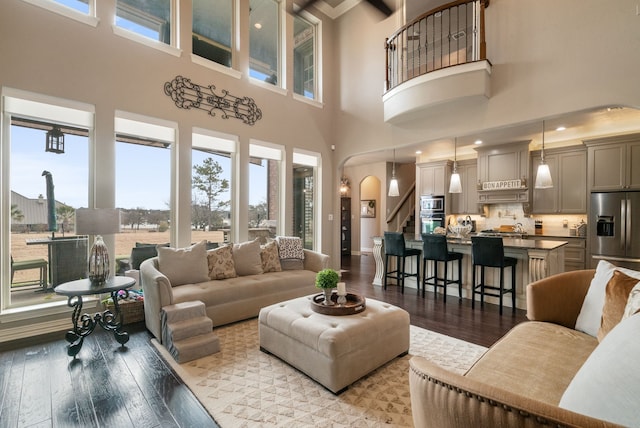 living room featuring light hardwood / wood-style floors, a high ceiling, and sink