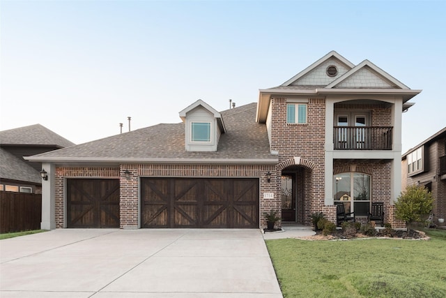 view of front facade featuring a balcony, a garage, and a front lawn