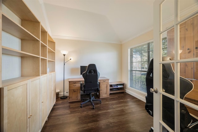 office area with vaulted ceiling, dark hardwood / wood-style floors, and crown molding