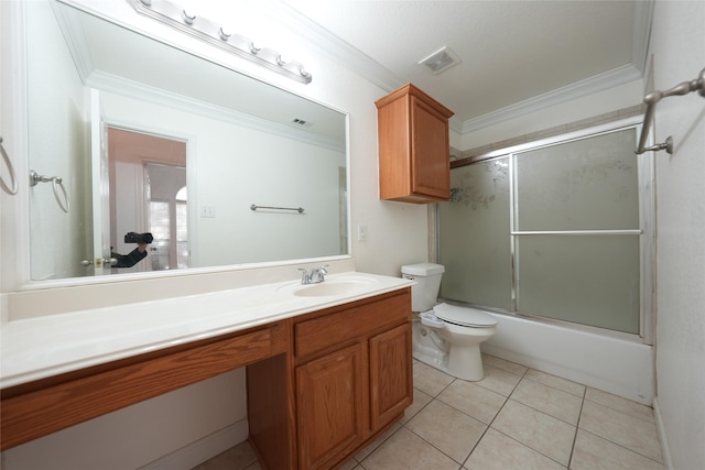 full bathroom with tile patterned flooring, vanity, crown molding, and combined bath / shower with glass door