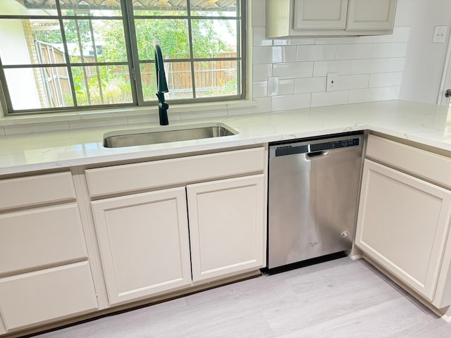 kitchen with sink, white cabinetry, dishwasher, and plenty of natural light