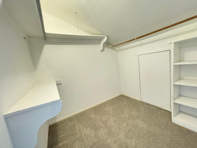 walk in closet featuring carpet floors and lofted ceiling