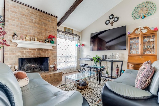 living room with a brick fireplace and lofted ceiling with beams