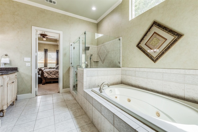 bathroom featuring tile patterned floors, vanity, ceiling fan, crown molding, and plus walk in shower